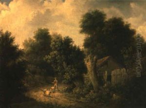 A Shepherd And Sheep On A Path A Shepherd And Sheep On A Path
