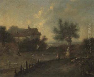 An Angler Before A Pond In An Extensive Landscape by Patrick Nasmyth