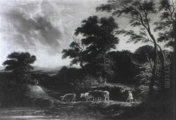Wooded River Landscape With A Farmer Driving His Cattle - view 1
