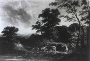 Wooded River Landscape With A Farmer Driving His Cattle Wooded River Landscape With A Farmer Driving His Cattle