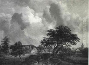 Landskab Huse Og Stort Trae by Patrick Nasmyth