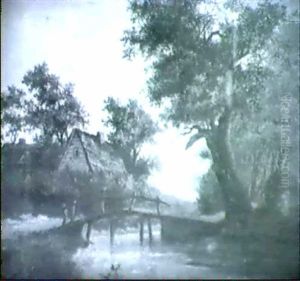 A Wooded River Landscape With A Footbridge, A Farmstead Beyond by Patrick Nasmyth