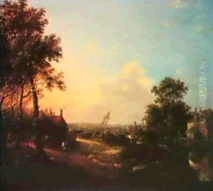 A Figure On A Riverside Path With Cottages In An Extensive Landscape by Patrick Nasmyth