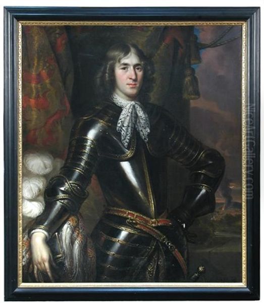 Portrait Of A Gentleman, Aged 23, Standing Half Length, In Cuirassier's Armour, His Right Hand Upon His Feathered Helmet Before A Gold And Red Curtain, A Battle In The Far Right Distance - view 1
