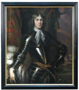 Portrait Of A Gentleman, Aged 23, Standing Half Length, In Cuirassier's Armour, His Right Hand Upon His Feathered Helmet Before A Gold And Red Curtain, A Battle In The Far Right Distance