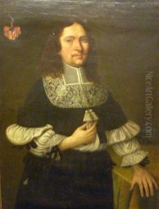 Half Length Portrait Of A Gentleman, Standing With Shoulder Length Hair, Moustache, Wearing A Flat Lace Collar, Tassles, Ruffled Sleeves