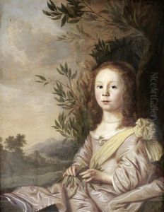 Portrait Of A Young Girl In A Pink Silk Dress And A Yellow Sash, Holding A Laurel Branch, Seated Before An Open Landscape Portrait Of A Young Girl In A Pink Silk Dress And A Yellow Sash, Holding A Laurel Branch, Seated Before An Open Landscape