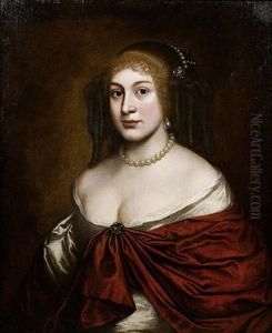 Portrait Of A Lady In A White Silk Dress, A Red Wrap And A Pearl Headdress