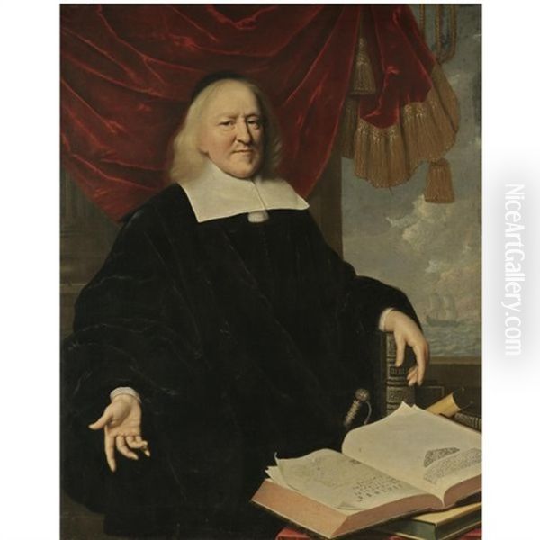 Portrait Of Hendrik Thibaut, Seated Before A Red Curtain Wearing Black, With His Left Hand Resting On A Copy Of The Bible And On A Table In Front Of Him An Open Copy Of Annales Et Histoires Des Troubl - view 1