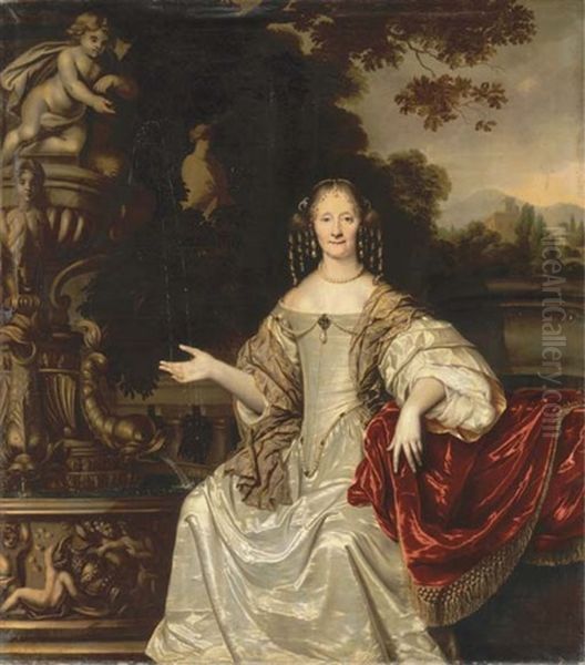 Portrait Of Cornelia Reynst, Seated, Three-quarter-length, In A White Silk Dress With A Gold-embroidered Shawl And Pearl Earrings, Necklace And Head-dress, In A Garden By A Fountain - view 1