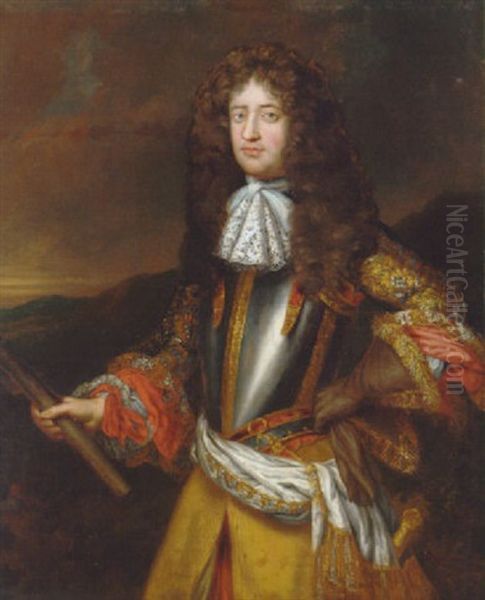 Portrait Of A Nobleman In A Breastplate With An Embroidered Coat, Holding A Baton, A View To A Landscape Beyond - view 1