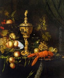 A Lobster On A Silver Dish, An Ornamental Gold Cup And Cover, Fruit In A Porcelain Bowl And On A Silver Tazza, On A Partly Draped Ledge