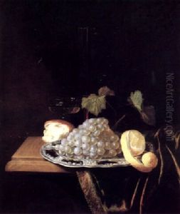 Still Life With Grapes And A Partially Peeled Lemon On A Silver Platter, Wine Glasses And A Bread Roll, All On A Draped Table by Pieter Nason