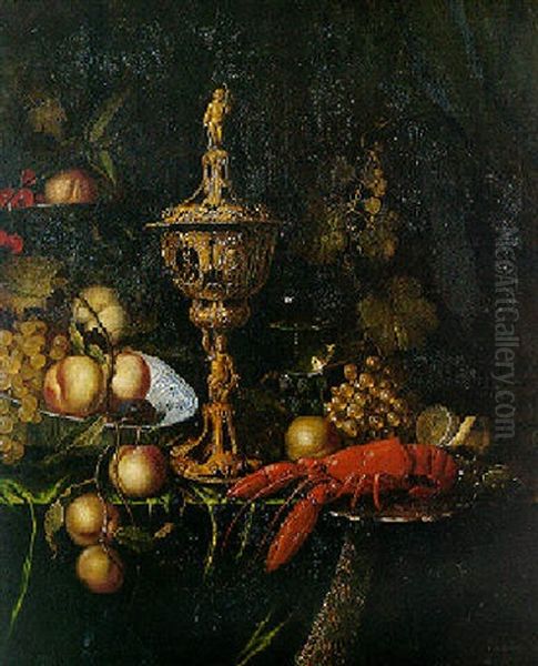 Nature Morte Au Homard, Pieces D'orfevreries Et Coupe De Fruits Sur Un Entablement - view 1