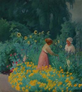 Two Women Picking Flowers by Max Nathan