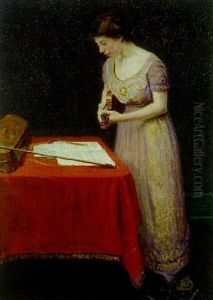 Portraet Af Ulla Koppel, Staende Ved Et Bord I Faerd Med At Stemme En Violin, Pa Bordet Liggende En Violinkasse Og Bue Samt Noder by Max Nathan