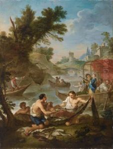 Characters Resting Near A Fountain The Fishing (pair) by Charles Joseph Natoire