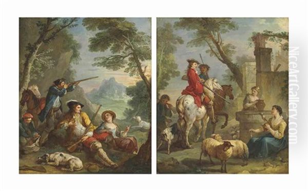 A Hunter And A Young Lady Resting In A Landscape (+ Hunters On Horseback Conversing With A Shepherdess Spinning Wool And A Young Woman At A Well; Pair) - view 1