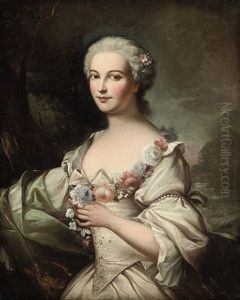 Portrait Of A Lady In A White Dress With Pearl Ornaments And A Garland Of Flowers, A Landscape Beyond by Charles Joseph Natoire