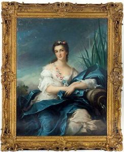 Portrait Of A Lady, As A River Goddess, In A White Satin Dress And Blue Mantel, A Garland Of Flowers Over Her Shoulder