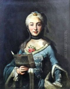 Half Length Portrait Of A Young Woman Wearing Ermine Trimmed Blue Silk Dress And Holding A Letter In Her Right Hand