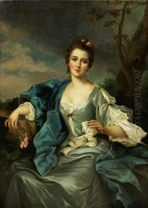 Portrait Of A Lady, Three-quarter Length, In A Light Blue Dress And Dark Blue Shawl, Holding A Carnation, In A Landscape by Jean Marc Nattier