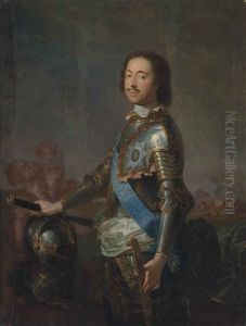 Portrait Of Peter The Great (1672-1725), Three-quarter-length, In Armour, His Right Hand Holding A Baton And Resting On A Helmet, His Left Hand Resting On The Hilt Of A Sword