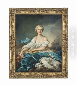 Portrait Of A Lady, Three-quarter-length, As Flora, In A White Dress With A Blue Wrap, A Landscape Beyond by Jean Marc Nattier