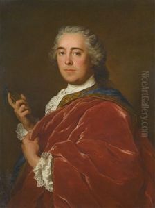 Portrait Of A Gentleman, Wearing A Red Cloak And Holding A Miniature by Jean Marc Nattier