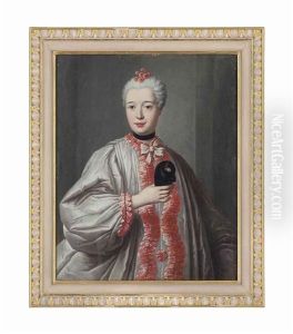 Portrait Of A Lady, Half-length, In A White Satin Dress With Red Lace Trim, Holding A Mask In Her Right Hand