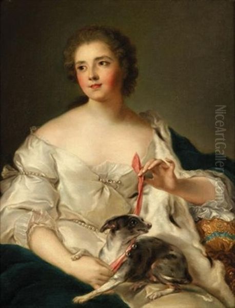 Young Lady Tying A Ribbon Around Her Dog - view 1