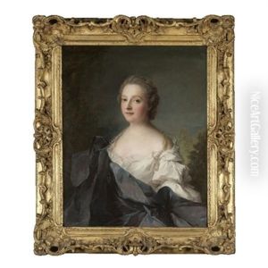 Portrait Of A Lady, Half Length, Wearing A Pearl Necklace, A White Dress And A Blue Shawl by Jean Marc Nattier