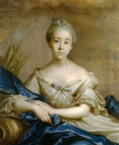 Portrait De Femme De Qualite En Source Avec Des Fleurs Et Des Perles Dans Ses Cheveux by Jean Marc Nattier