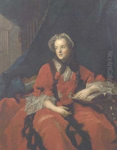 Portrait Of Marie Leczinska, Queen Of France, Seated, Three-quarter Length, In A Red Fur-trimmed Dress In A Palatial Interior by Jean Marc Nattier