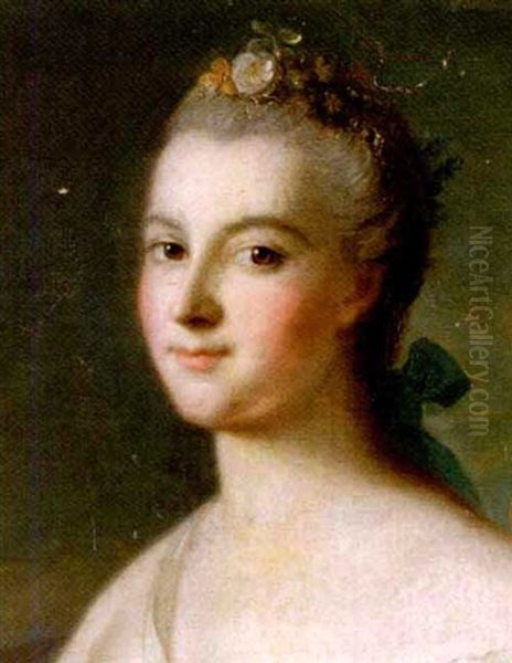 Portrait Of A Lady With Flowers And A Blue Ribbon In Her Hair - view 1