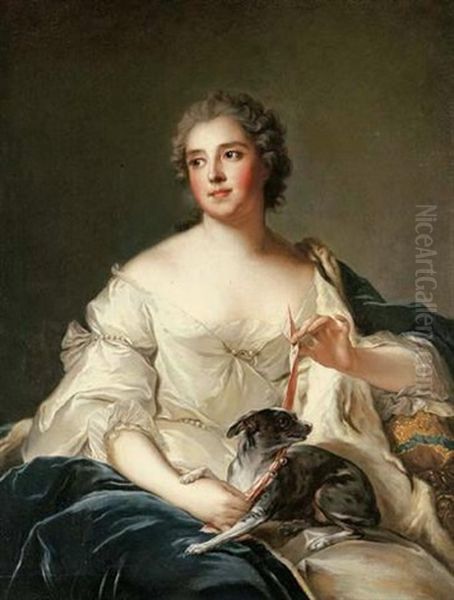 Portrait Of A Lady (la Duchesse De Chevreuse?) In A White Dress Holding A Pink Dog Collar And With A Small Grey Dog On Her Lap - view 1