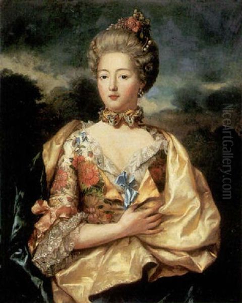A Portrait Of A Lady In An Elaborate Silk Brocade Dress - view 1