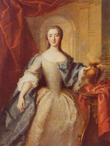 Portrait Of A Lady (princess Charlotte-louise De Rohan-guemenee?) As A Vestal Virgin, Standing By A Draped Column, Wearing A Gold-embroidered White Silk Dress With Blue Wrap by Jean Marc Nattier