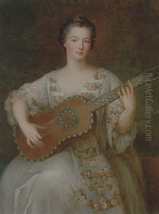 Portrait Of A Young Lady Wearing A Floral And Ivory Lace-trimmed Dress, Playing The Guitar by Jean Marc Nattier