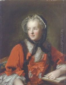 Portrait Of Marie Leczinska, Queen Of France Wearing A Red Dress, Her Left Hand On An Open Book