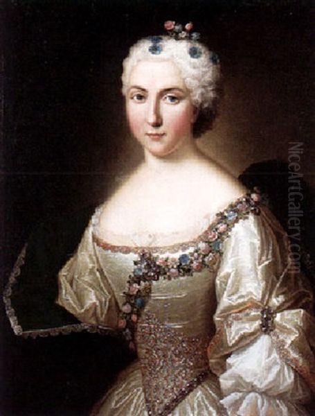 Portrait Of A Lady, Wearing A White Satin Dress, With A Garland Of Flowers, And A Blue, Lace-trimmed Mantle - view 1