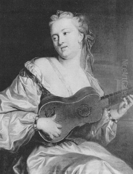 Woman Wearing A White Decollete Dress, Playing A Guitar - view 1