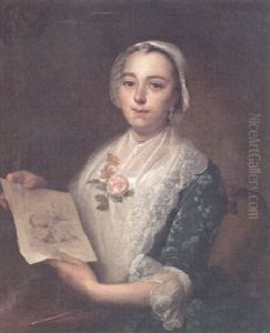 A Portrait Of A Lady Holding A Pencil Sketch Of Sheep by Jean Marc Nattier