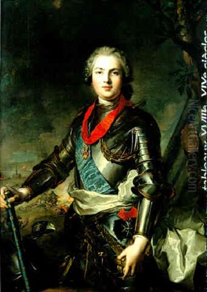 Portrait De Louis Dauphin De France 'peint En Cuirasse' Jusqu'aux Genoux, La Bataille De Fontenoy Faisant Le Fond Du Tableau - view 1