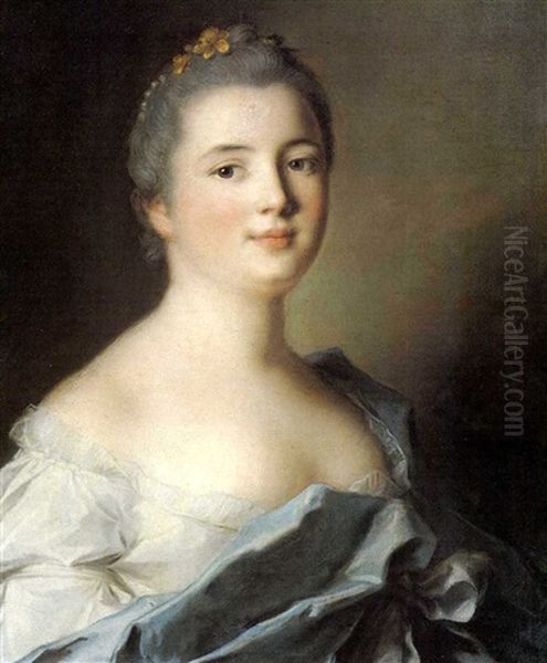Portrait Of The Baroness De Fontettes, Bust Length,         Wearing A White Dress With A Blue Cloak, Pearls And Flowers - view 1