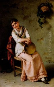 Sittande Ung Kvinna Med Tamburin by Girolamo Nattino