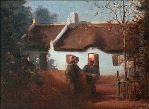 Figures Outside A Cape Cottage At Night by Pieter Hugo Naude
