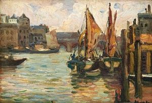 Boats Alongside A Wharf by Pieter Hugo Naude