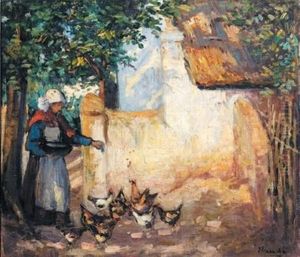 A Woman Feeding Chickens by Pieter Hugo Naude
