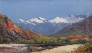 River Scene With Snowcapped Mountains In The Distance by Pieter Hugo Naude